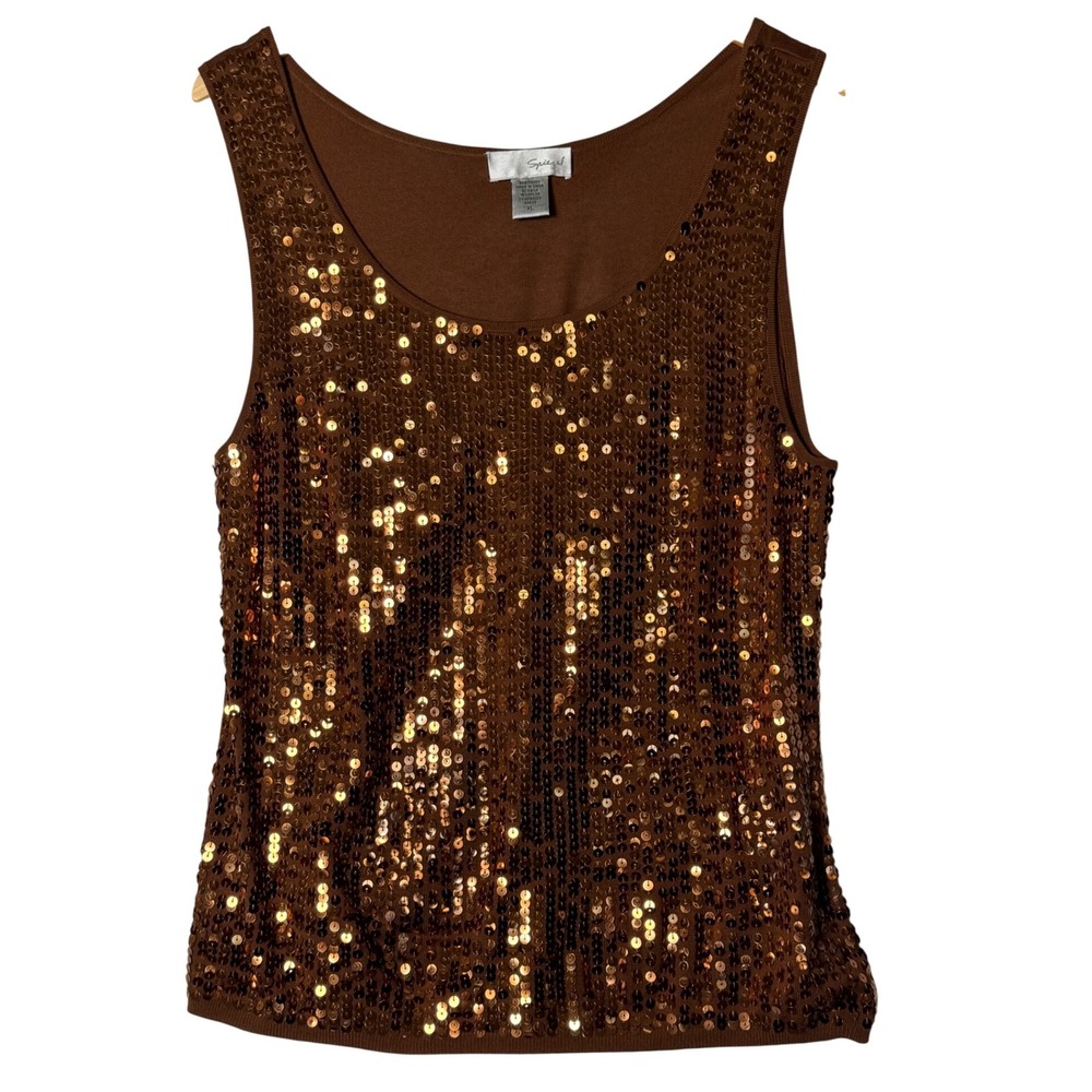 Spiegel Womens XL Silk Sequin Tank Top Brown Bronze Metallic Holiday Party Fall